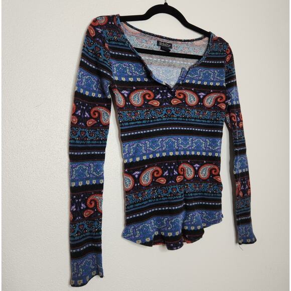 y2k Vintage Lucky Brand boho Western Paisley Stripe Thermal Long Sleeve Shirt - Picture 2 of 5